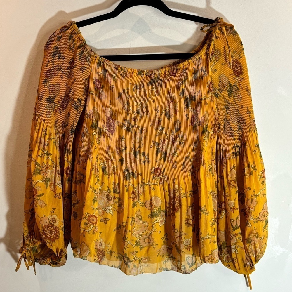 WILFRED Sz M Elastic Neckline Pleated Peplum Puffy Sleeves Bow Lined Top Blouse